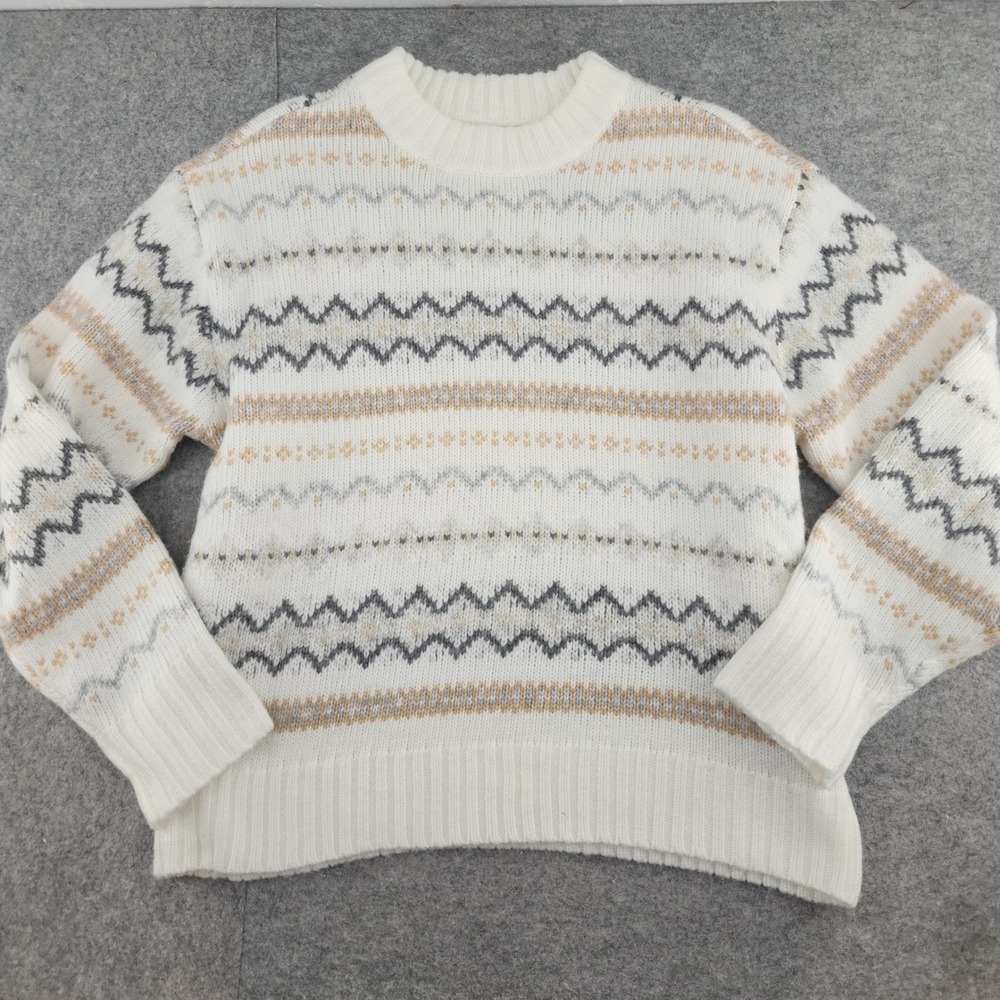 American Eagle White Fair Isle Crewneck Knit Winter Sweater Womens Small